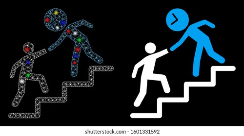 Glossy mesh time manager help icon with glare effect. Abstract illuminated model of time manager help. Shiny wire carcass triangular mesh time manager help icon.