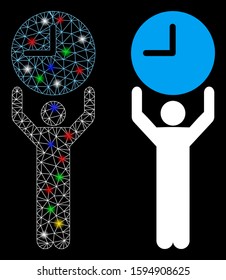 Glossy mesh time manager icon with glitter effect. Abstract illuminated model of time manager. Shiny wire frame polygonal mesh time manager icon. Vector abstraction on a black background.