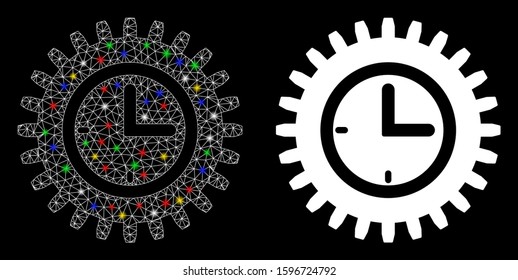 Glossy mesh time options icon with glitter effect. Abstract illuminated model of time options. Shiny wire frame triangular network time options icon. Vector abstraction on a black background.