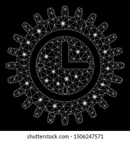 Glossy mesh time options with lightspot effect. Abstract illuminated model of time options icon. Shiny wire carcass polygonal mesh time options. Vector abstraction on a black background.