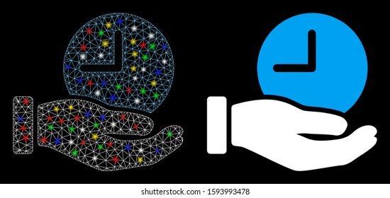 Glossy mesh time service hand icon with sparkle effect. Abstract illuminated model of time service hand. Shiny wire frame triangular network time service hand icon.