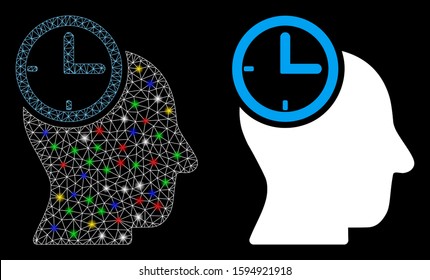 Glossy mesh time thinking head icon with glow effect. Abstract illuminated model of time thinking head. Shiny wire frame triangular mesh time thinking head icon.