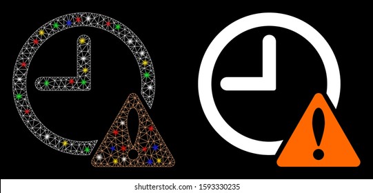 Glossy mesh time warning icon with sparkle effect. Abstract illuminated model of time warning. Shiny wire carcass triangular network time warning icon. Vector abstraction on a black background.