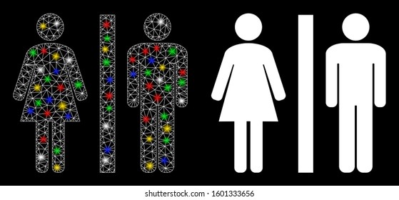 Glossy mesh toilet icon with lightspot effect. Abstract illuminated model of toilet. Shiny wire frame triangular mesh toilet icon. Vector abstraction on a black background.