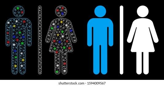Glossy mesh toilet persons icon with glare effect. Abstract illuminated model of toilet persons. Shiny wire frame polygonal mesh toilet persons icon. Vector abstraction on a black background.