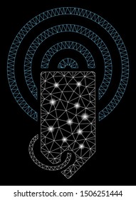 Glossy mesh token airdrop with glare effect. Abstract illuminated model of token airdrop icon. Shiny wire frame polygonal network token airdrop. Vector abstraction on a black background.