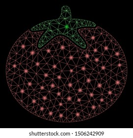 Glossy mesh tomato with sparkle effect. Abstract illuminated model of tomato icon. Shiny wire frame polygonal mesh tomato. Vector abstraction on a black background.