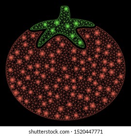 Glossy mesh tomato vegetable with lightspot effect. Abstract illuminated model of tomato vegetable icon. Shiny wire carcass polygonal mesh tomato vegetable. Vector abstraction on a black background.