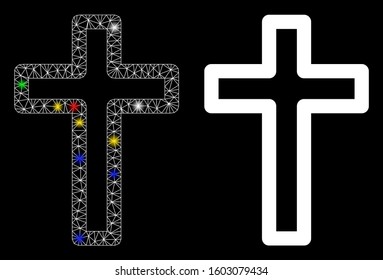 Glossy mesh tomb cross icon with lightspot effect. Abstract illuminated model of tomb cross. Shiny wire frame polygonal mesh tomb cross icon. Vector abstraction on a black background.