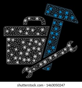 Glossy mesh toolbox with glitter effect. Abstract illuminated model of toolbox icon. Shiny wire frame triangular mesh toolbox. Vector abstraction on a black background.