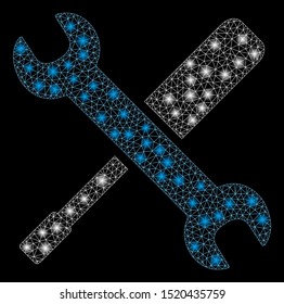 Glossy mesh tools with glow effect. Abstract illuminated model of tools icon. Shiny wire frame polygonal mesh tools. Vector abstraction on a black background.