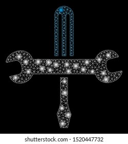 Glossy mesh tools with glow effect. Abstract illuminated model of tools icon. Shiny wire frame polygonal mesh tools. Vector abstraction on a black background.