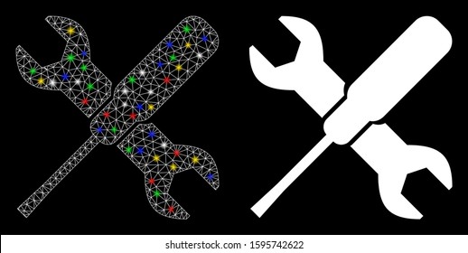 Glossy mesh tools icon with glare effect. Abstract illuminated model of tools. Shiny wire frame triangular mesh tools icon. Vector abstraction on a black background.