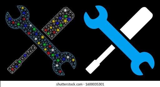 Glossy mesh tools icon with glow effect. Abstract illuminated model of tools. Shiny wire frame triangular mesh tools icon. Vector abstraction on a black background.