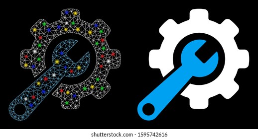 Glossy mesh tools icon with sparkle effect. Abstract illuminated model of tools. Shiny wire carcass polygonal mesh tools icon. Vector abstraction on a black background.