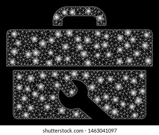 Glossy mesh tools with sparkle effect. Abstract illuminated model of tools icon. Shiny wire frame polygonal network tools. Vector abstraction on a black background.
