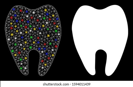 Glossy mesh tooth icon with lightspot effect. Abstract illuminated model of tooth. Shiny wire frame polygonal mesh tooth icon. Vector abstraction on a black background.