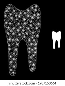 Glossy mesh tooth with light spots. Vector grid based on tooth icon. Glossy frame polygonal tooth on a black background.