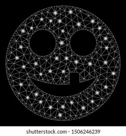 Glossy mesh toothless smiley with lightspot effect. Abstract illuminated model of toothless smiley icon. Shiny wire frame triangular mesh toothless smiley. Vector abstraction on a black background.