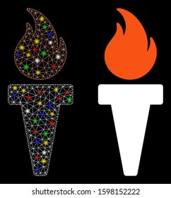 Glossy mesh torch fire icon with sparkle effect. Abstract illuminated model of torch fire. Shiny wire carcass triangular mesh torch fire icon. Vector abstraction on a black background.