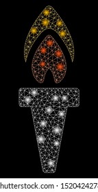 Glossy mesh torch with glare effect. Abstract illuminated model of torch icon. Shiny wire frame triangular mesh torch. Vector abstraction on a black background.