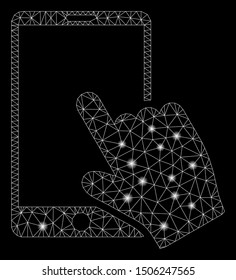 Glossy mesh touch smartphone with lightspot effect. Abstract illuminated model of touch smartphone icon. Shiny wire frame polygonal mesh touch smartphone. Vector abstraction on a black background.