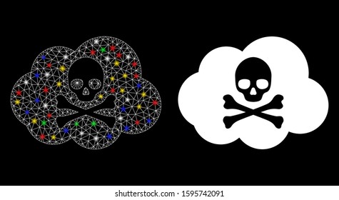 Glossy mesh toxic smoke icon with glare effect. Abstract illuminated model of toxic smoke. Shiny wire frame triangular mesh toxic smoke icon. Vector abstraction on a black background.