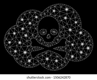 Glossy mesh toxic smoke with lightspot effect. Abstract illuminated model of toxic smoke icon. Shiny wire frame triangular mesh toxic smoke. Vector abstraction on a black background.