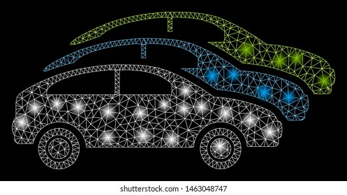 Glossy mesh traffic cars with glare effect. Abstract illuminated model of traffic cars icon. Shiny wire frame polygonal mesh traffic cars. Vector abstraction on a black background.
