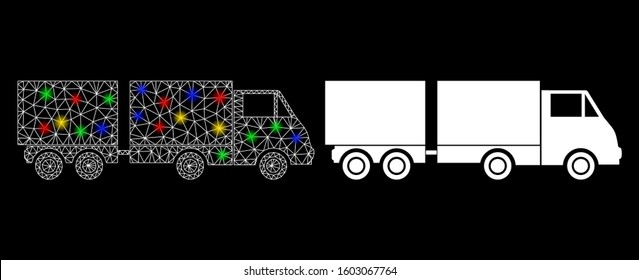 Glossy mesh trailer icon with glare effect. Abstract illuminated model of trailer. Shiny wire frame triangular mesh trailer icon. Vector abstraction on a black background.