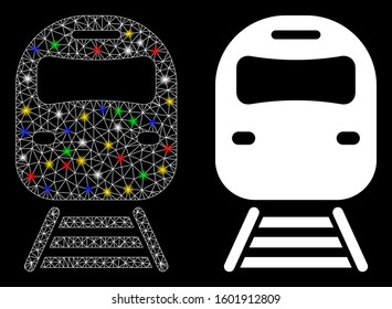 Glossy mesh train icon with sparkle effect. Abstract illuminated model of train. Shiny wire carcass polygonal mesh train icon. Vector abstraction on a black background.
