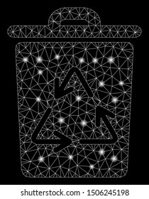 Glossy mesh trash can with sparkle effect. Abstract illuminated model of trash can icon. Shiny wire frame polygonal mesh trash can. Vector abstraction on a black background.