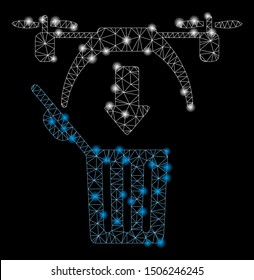 Glossy mesh trash drone with glitter effect. Abstract illuminated model of trash drone icon. Shiny wire carcass polygonal mesh trash drone. Vector abstraction on a black background.