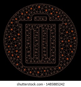 Glossy mesh trash with glare effect. Abstract illuminated model of trash icon. Shiny wire carcass polygonal mesh trash. Vector abstraction on a black background.