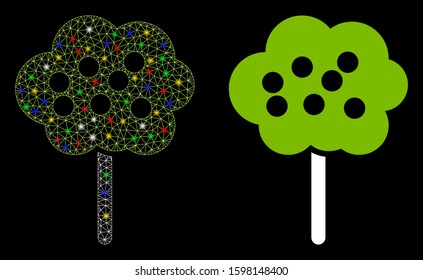 Glossy mesh tree icon with lightspot effect. Abstract illuminated model of tree. Shiny wire carcass polygonal mesh tree icon. Vector abstraction on a black background.