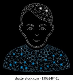 Glossy mesh trendy guy with glare effect. Abstract illuminated model of trendy guy icon. Shiny wire frame triangular mesh trendy guy. Vector abstraction on a black background.