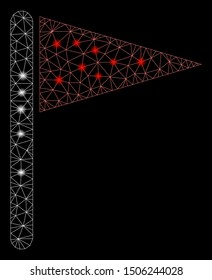 Glossy mesh triangle flag with sparkle effect. Abstract illuminated model of triangle flag icon. Shiny wire frame polygonal mesh triangle flag. Vector abstraction on a black background.