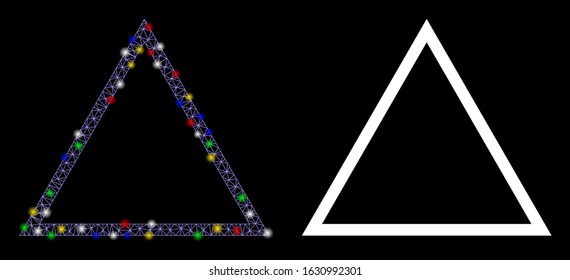 Glossy mesh triangle frame icon with glare effect. Abstract illuminated model of triangle frame. Shiny wire carcass triangular network triangle frame icon. Vector abstraction on a black background.