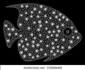 Glossy mesh tropical fish with sparkle effect. Abstract illuminated model of tropical fish icon. Shiny wire frame triangular mesh tropical fish. Vector abstraction on a black background.