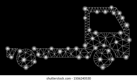 Glossy mesh truck chassis with glitter effect. Abstract illuminated model of truck chassis icon. Shiny wire carcass polygonal mesh truck chassis. Vector abstraction on a black background.