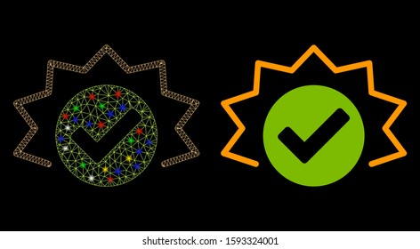 Glossy mesh true alert icon with glow effect. Abstract illuminated model of true alert. Shiny wire frame polygonal mesh true alert icon. Vector abstraction on a black background.