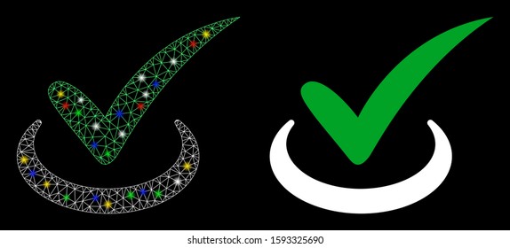 Glossy mesh true icon with glitter effect. Abstract illuminated model of true. Shiny wire carcass triangular mesh true icon. Vector abstraction on a black background.