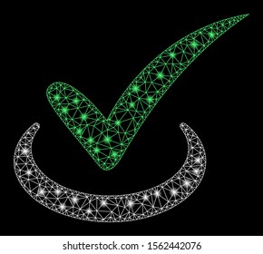 Glossy mesh true with lightspot effect. Abstract illuminated model of true icon. Shiny wire frame triangular mesh true. Vector abstraction on a black background.