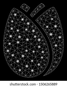 Glossy mesh tulip bud with glare effect. Abstract illuminated model of tulip bud icon. Shiny wire carcass polygonal mesh tulip bud. Vector abstraction on a black background.