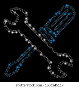 Glossy mesh tuning tools with glare effect. Abstract illuminated model of tuning tools icon. Shiny wire frame polygonal mesh tuning tools. Vector abstraction on a black background.