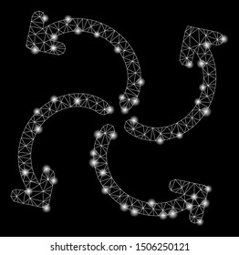 Glossy mesh turbine rotation with glow effect. Abstract illuminated model of turbine rotation icon. Shiny wire frame polygonal mesh turbine rotation. Vector abstraction on a black background.