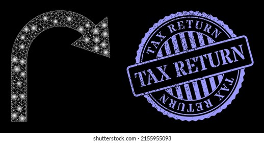 Glossy mesh turn back arrow with glowing spots, and Tax Return blue round scratched seal print. Vector constellation based on turn back arrow icon. Constellation frame mesh turn back arrow.