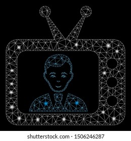 Glossy mesh TV dictor with lightspot effect. Abstract illuminated model of TV dictor icon. Shiny wire frame triangular mesh TV dictor. Vector abstraction on a black background.