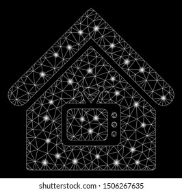 Glossy mesh TV office with glitter effect. Abstract illuminated model of TV office icon. Shiny wire carcass triangular mesh TV office. Vector abstraction on a black background.