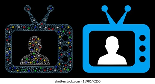 Glossy mesh TV speaker icon with glitter effect. Abstract illuminated model of TV speaker. Shiny wire frame triangular mesh TV speaker icon. Vector abstraction on a black background.